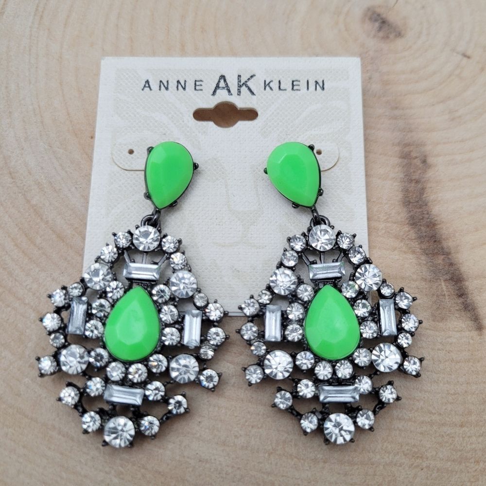 Brand New Anne Klein Green & Silver Rhinestone Earrings